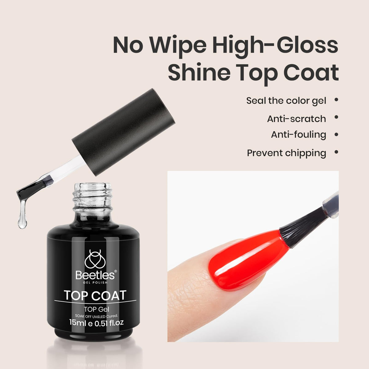 Beetles no wipe gel top coat fifteen milliliter bottle showing shiny finish benefits