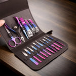 Full layout of the sixteen stainless steel facial and nail care tools separated by functionality