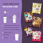 FlavCity variety pack contents spread out showing different flavored protein packets for sampling.