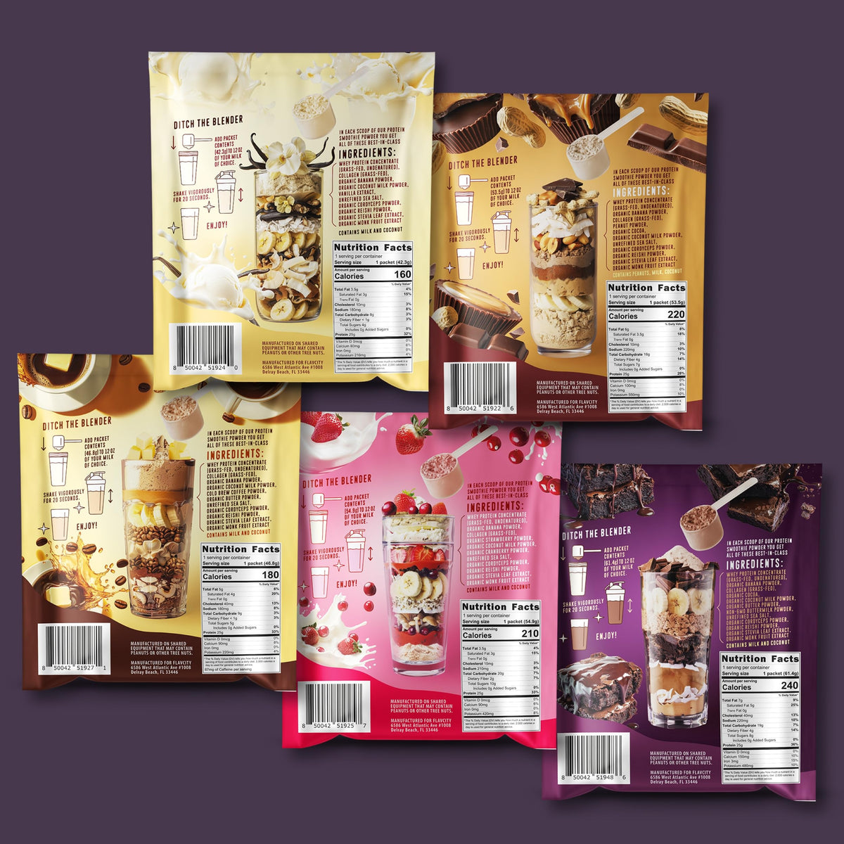 Side view of FlavCity single serve protein packets highlighting gluten-free and non-GMO certifications.
