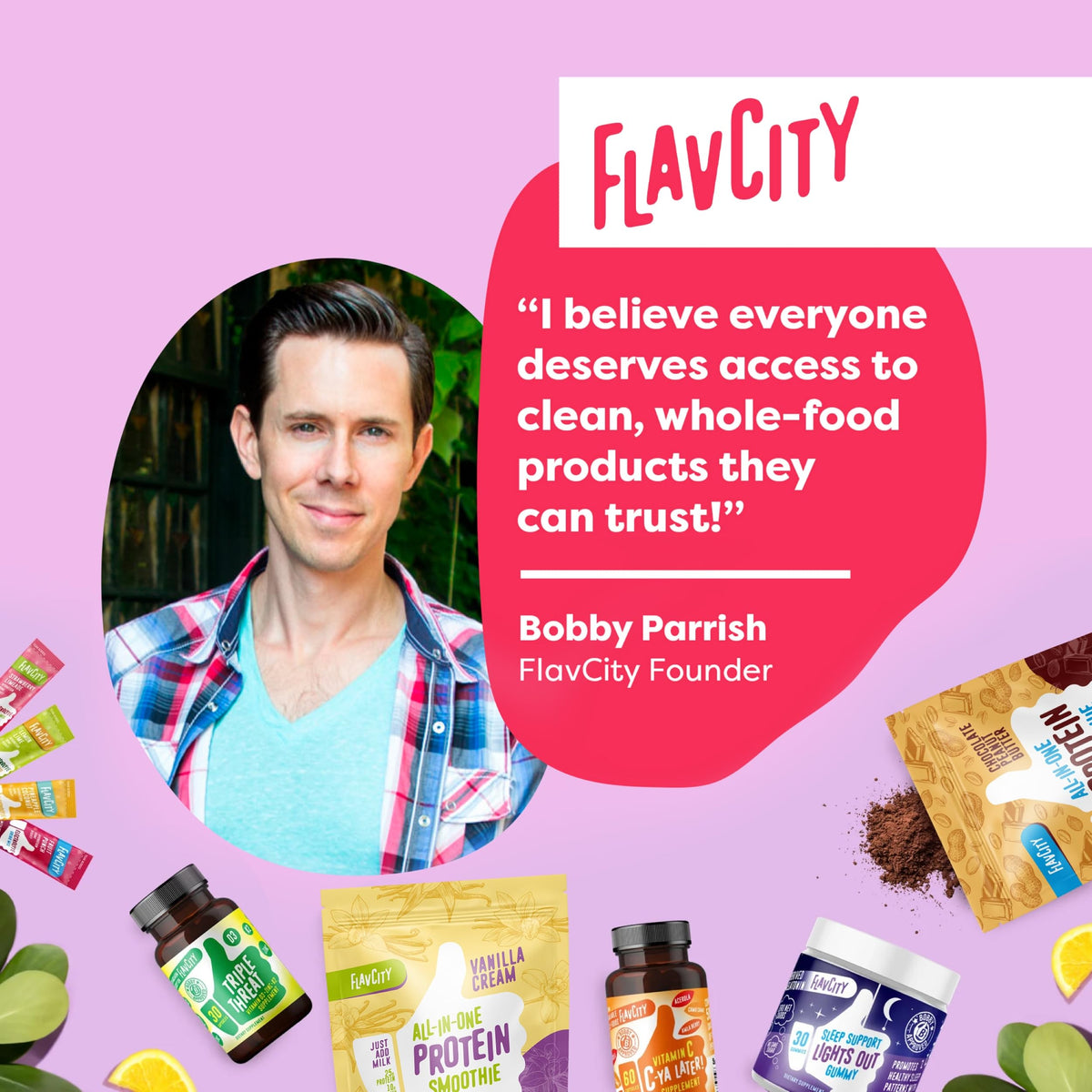 Back packaging of FlavCity protein variety pack detailing the organic reishi and cordyceps ingredients.