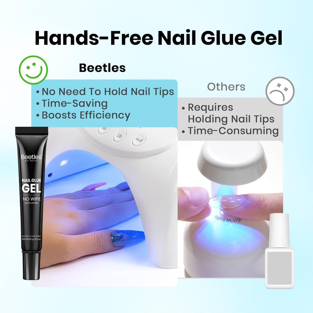 Beetles hands-free nail glue gel applied to artificial nail tips