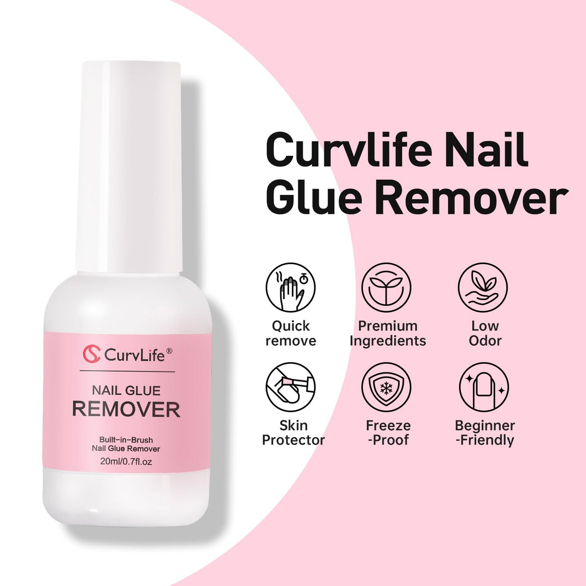 Detailed view of Curvlife 20ml nail glue remover packaging