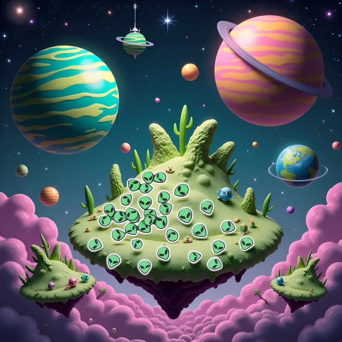 Small green alien slices displayed on a white background