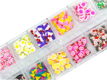 Close up of colorful miniature cake mixed fimo slices for resin crafts and slime decoration