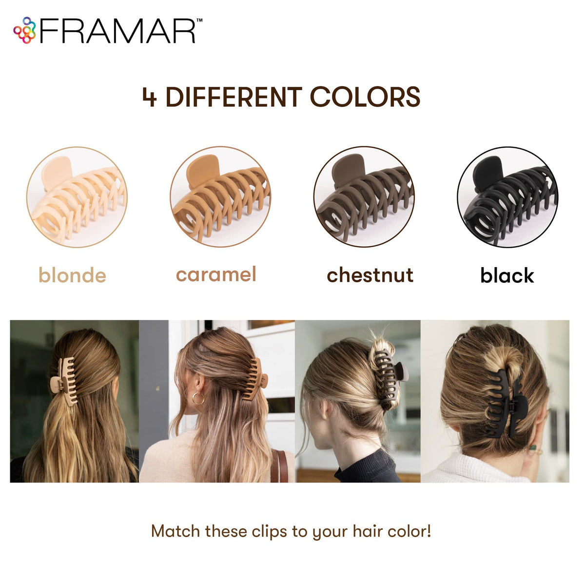 Detailed close up of Framar neutral matte claw clips
