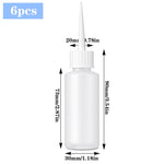 Six pieces of fifty milliliter clear needle tip bottles with protective red caps laid out flat