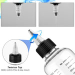 Clear transparent empty plastic dispenser showing fluid ounce and milliliter graduation lines