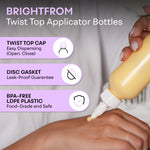 BRIGHTFROM four ounce squeeze bottles showing the leakproof open and close white nozzle mechanism