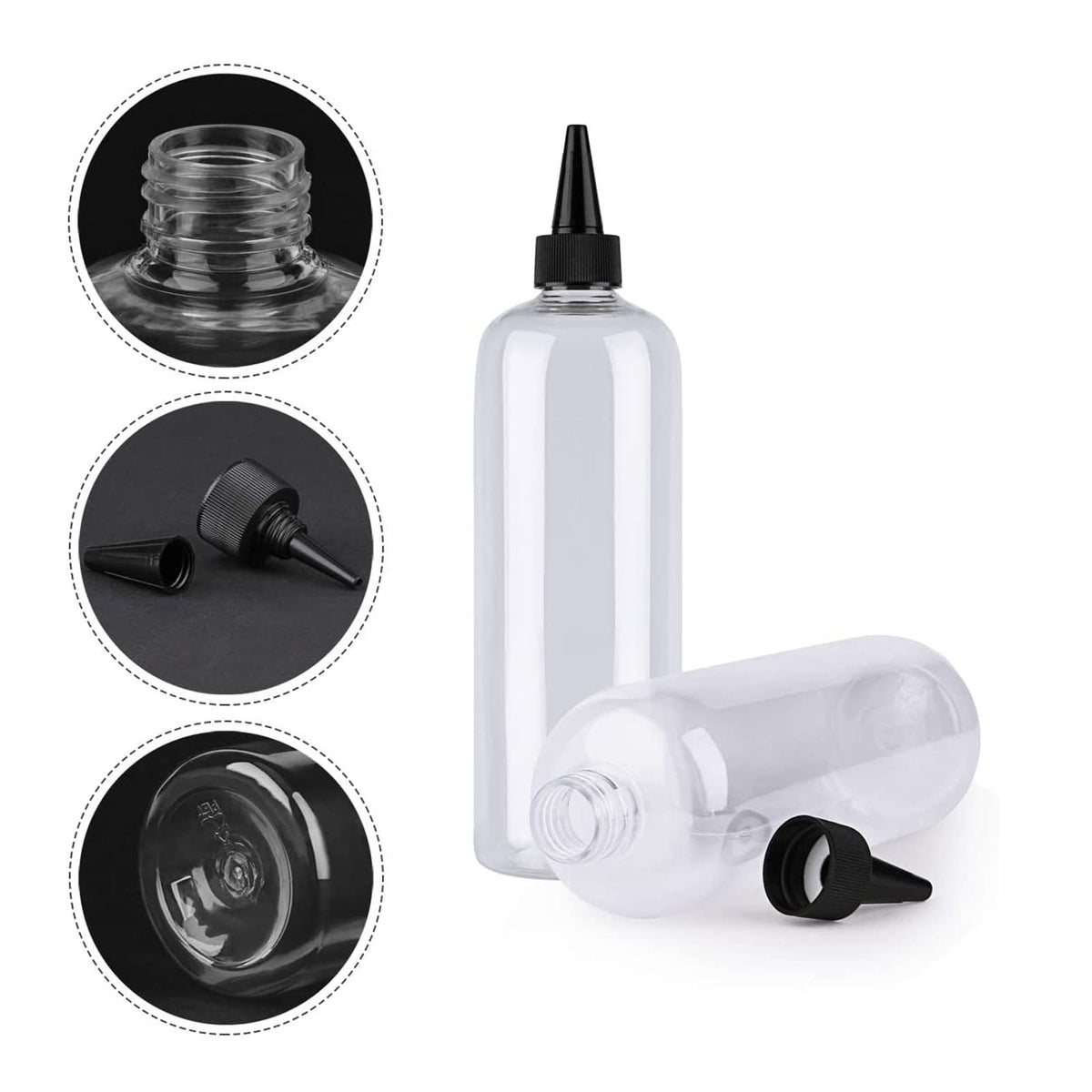 Close up of the leak proof black cone lid on a clear five hundred millilitre plastic bottle