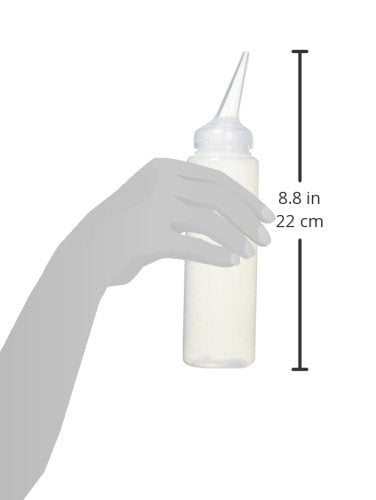 Clear plastic hair applicator bottle with measurement scales and precision tip