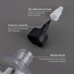 Close up view of the fluid ounce and milliliter graduated measurement scales on plastic bottle