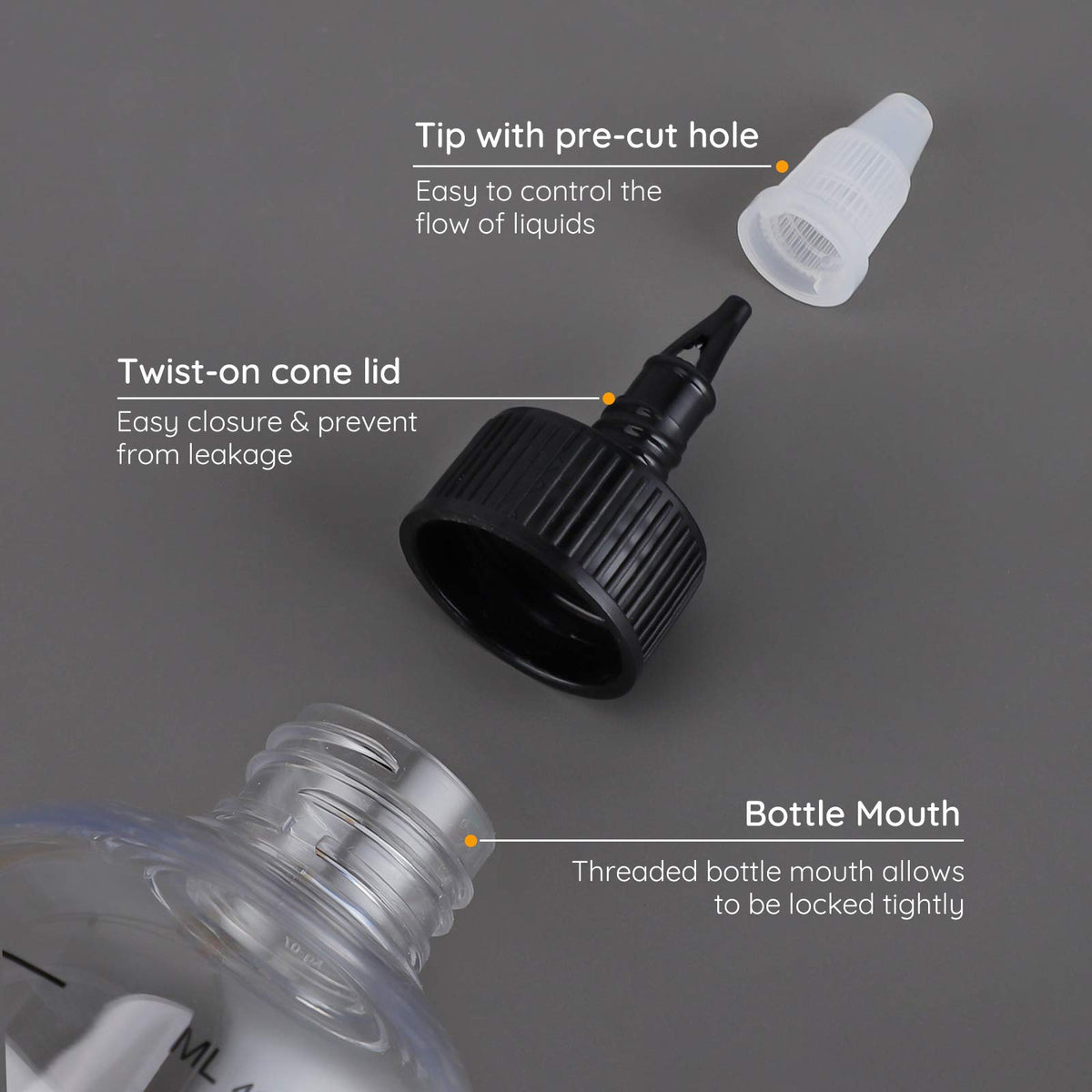 Close up view of the fluid ounce and milliliter graduated measurement scales on plastic bottle