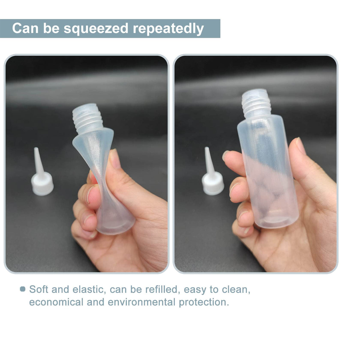 BlingKingdom 50ml applicator bottles with screw on caps displayed to highlight the leak proof construction for salon liquids.