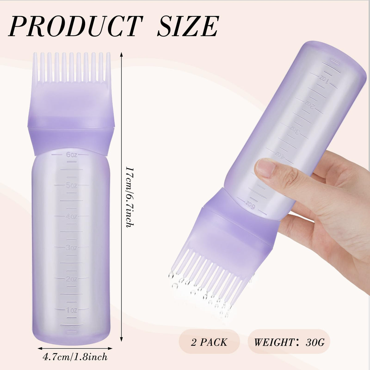 Two pack purple hair oiling applicator bottles with graduated measurement lines