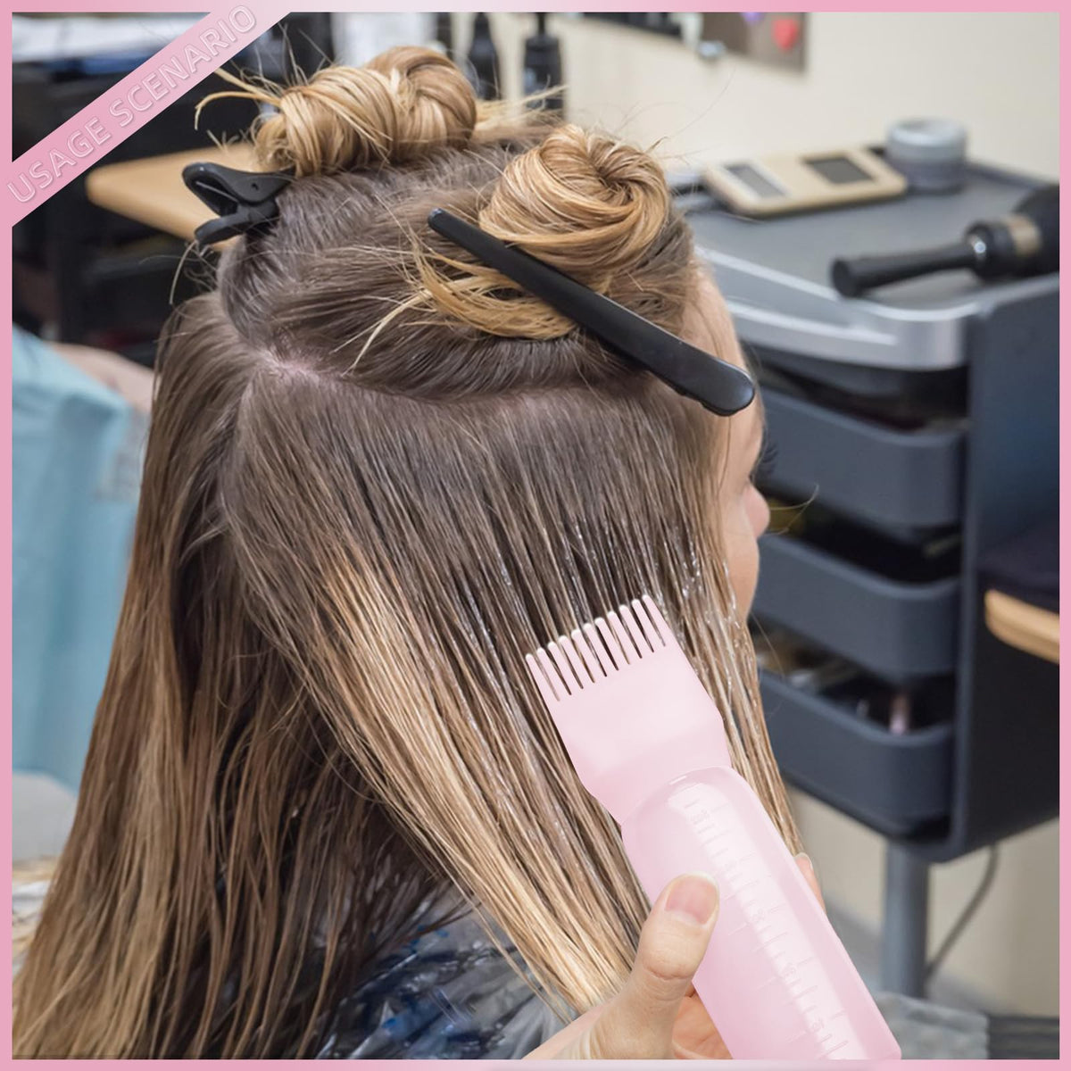 Action shot demonstrating the ergonomic squeeze bottle being used to apply fluid smoothly onto hair roots.