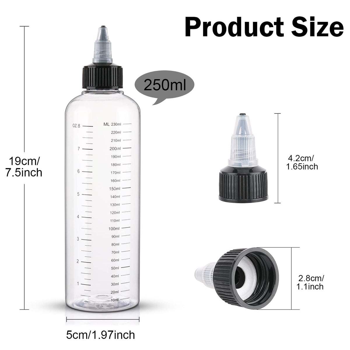 Cosywell plastic squeeze bottles for hair color with precise measurement markings.