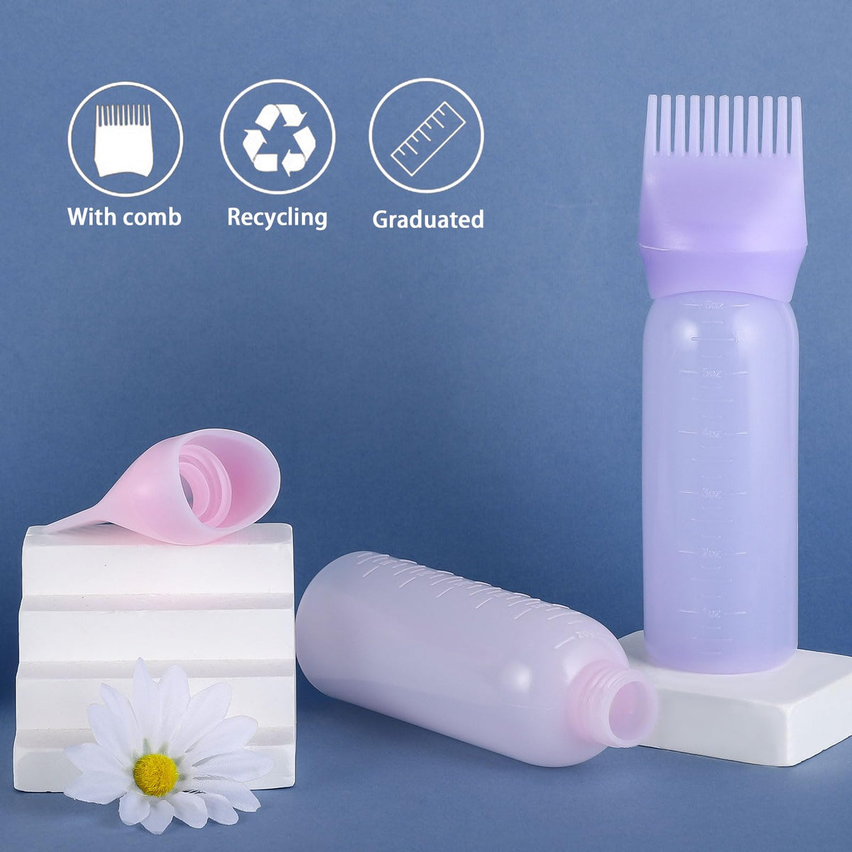 Translucent purple hair dye applicator bottle with clear measurement scale details.