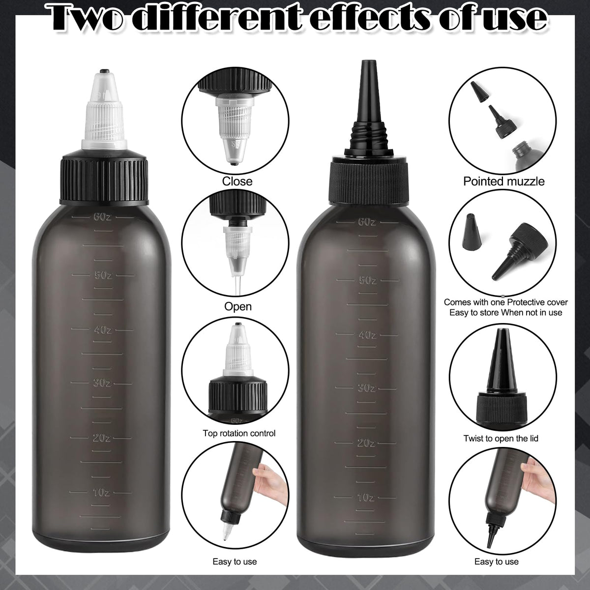 Six ounce hair dye applicator bottle showcasing the alternative precision nozzle dispensing cap for controlled spot application.