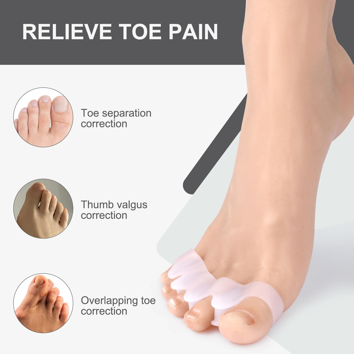 White silicone toe spreaders for overlapping toe correction