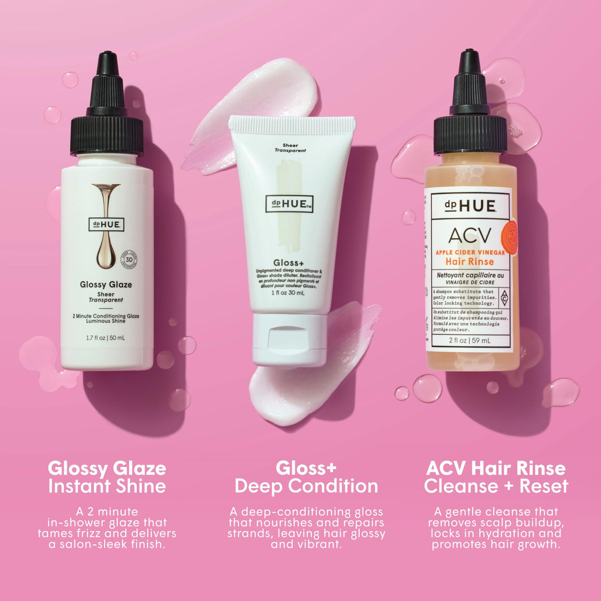 Dphue Glossy Glaze and Gloss+ treatment bottles