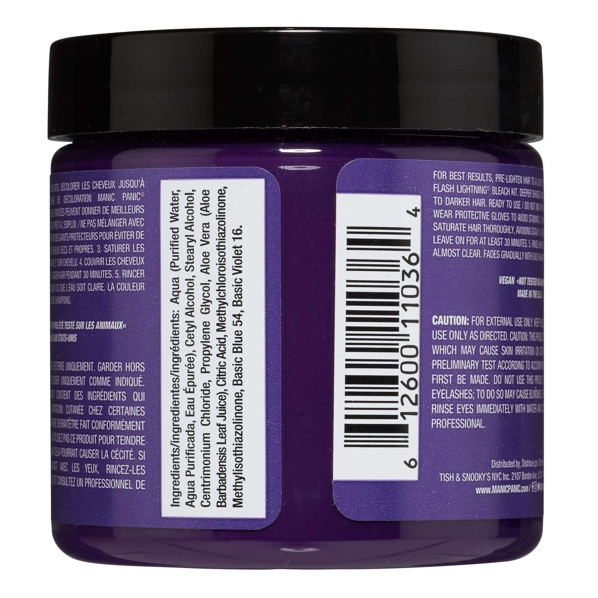 Side view of the vegan ammonia free purple hair dye jar detailing the product benefits and application instructions.