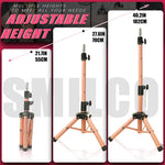 Adjustable cosmetology training mannequin head stand extended to its maximum height.