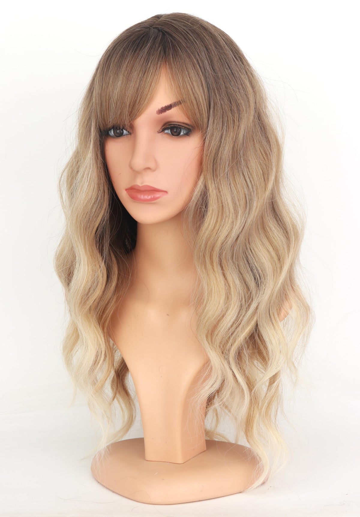 Close up look at the heat resistant synthetic fiber texture of the dirty blonde wavy wig