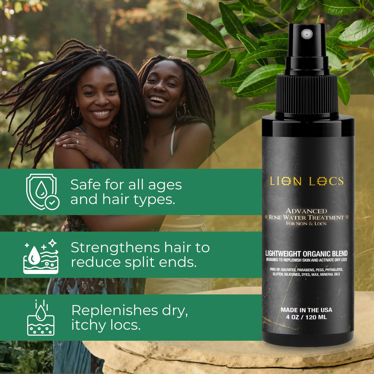Side view of Lion Locs rosewater mist for dreadlocks