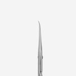Close-up view of the laser-engraved Magnolia flower pattern on the short straight handles of the Staleks cuticle scissors.