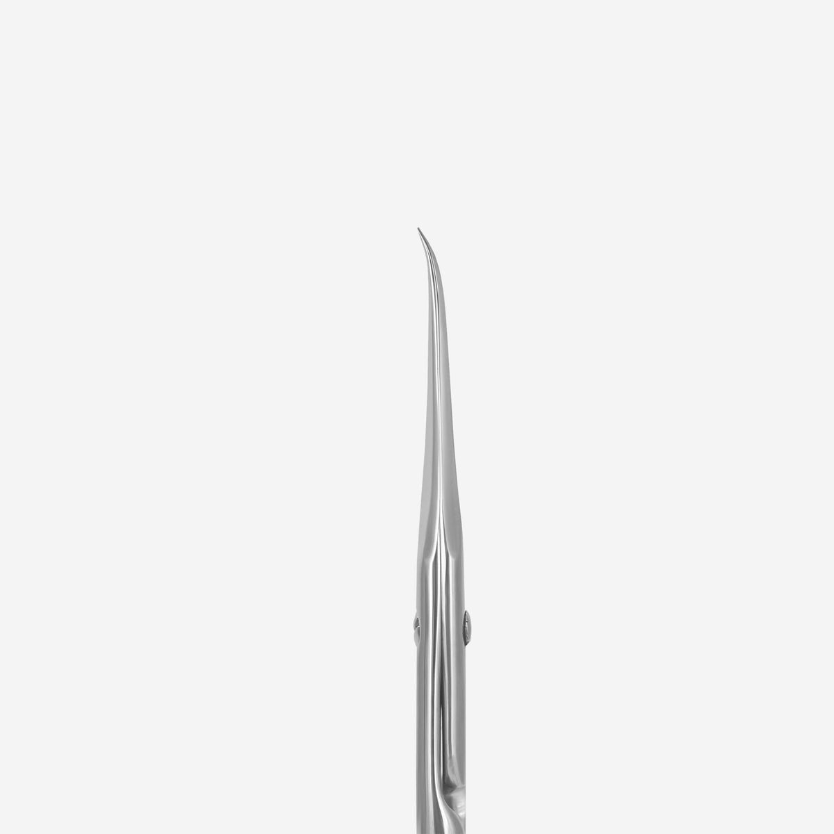 Close-up view of the laser-engraved Magnolia flower pattern on the short straight handles of the Staleks cuticle scissors.