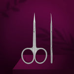 Side profile of the professional Staleks Pro cuticle trimming tool highlighting the narrow curved blades and microscope-sharpened edge.