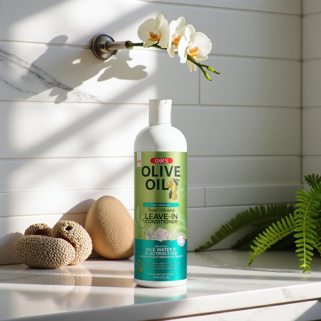 Back label of ORS Olive Oil leave in conditioner showing ingredients and usage instructions