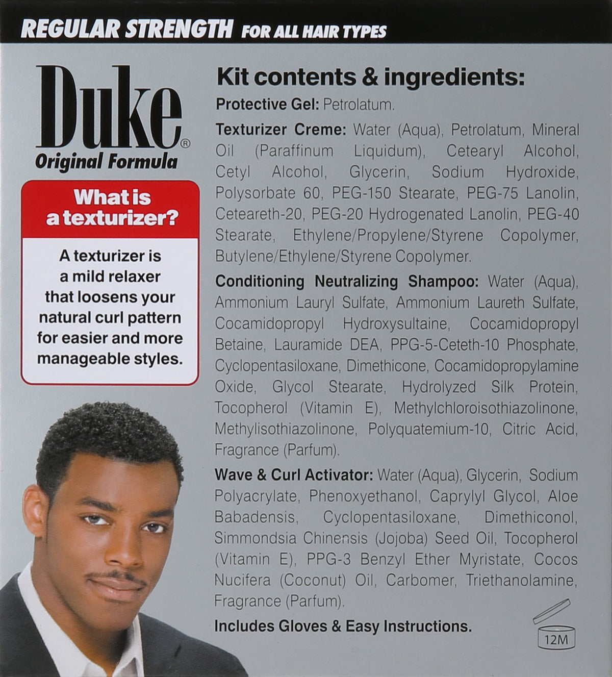 Back label of Duke men texturizing kit showing product description and formulation guidelines
