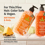 Close up of Hempz biotin shampoo label with pineapple and melon graphics