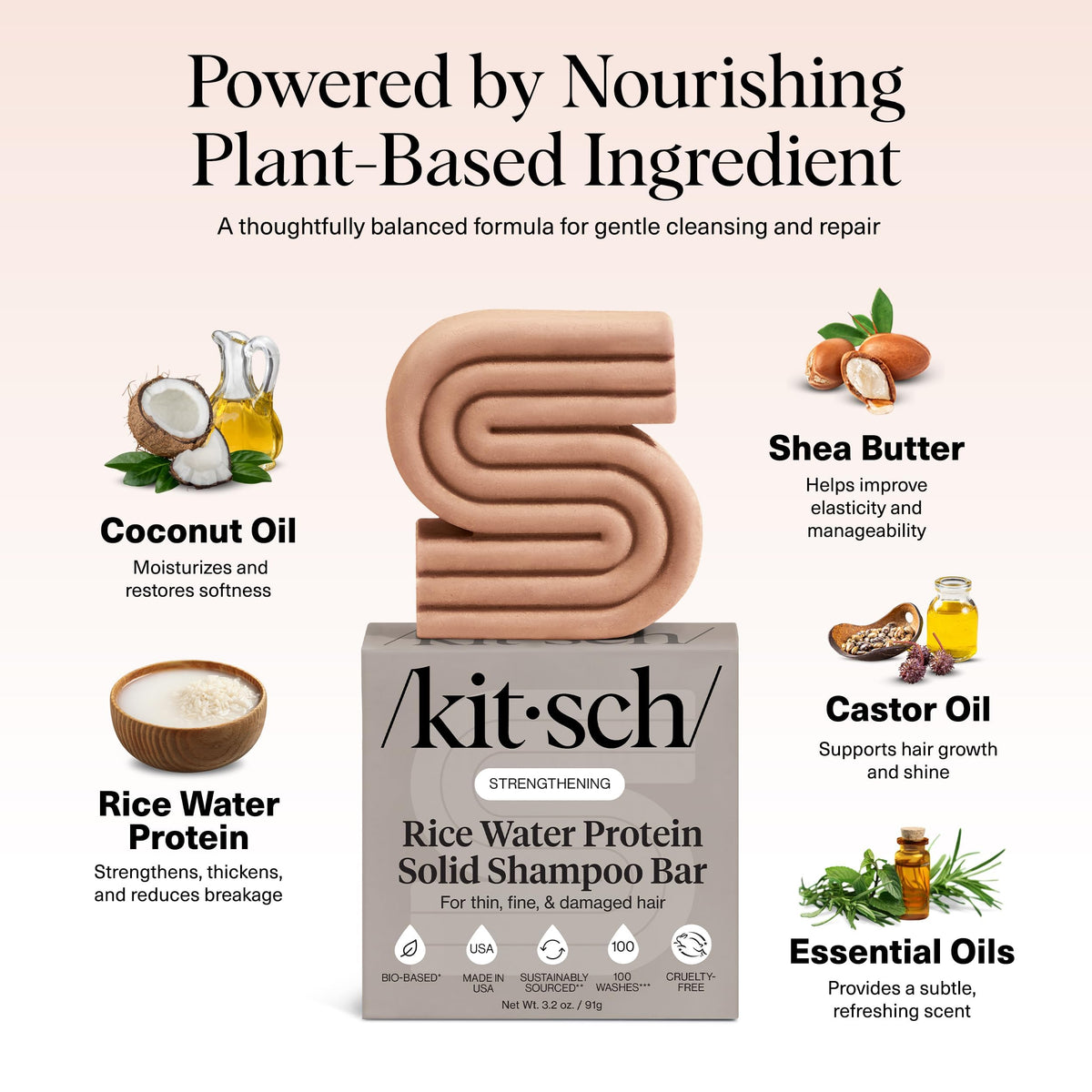 Kitsch Rice Water Shampoo Bar side angle displaying the three point two ounce size