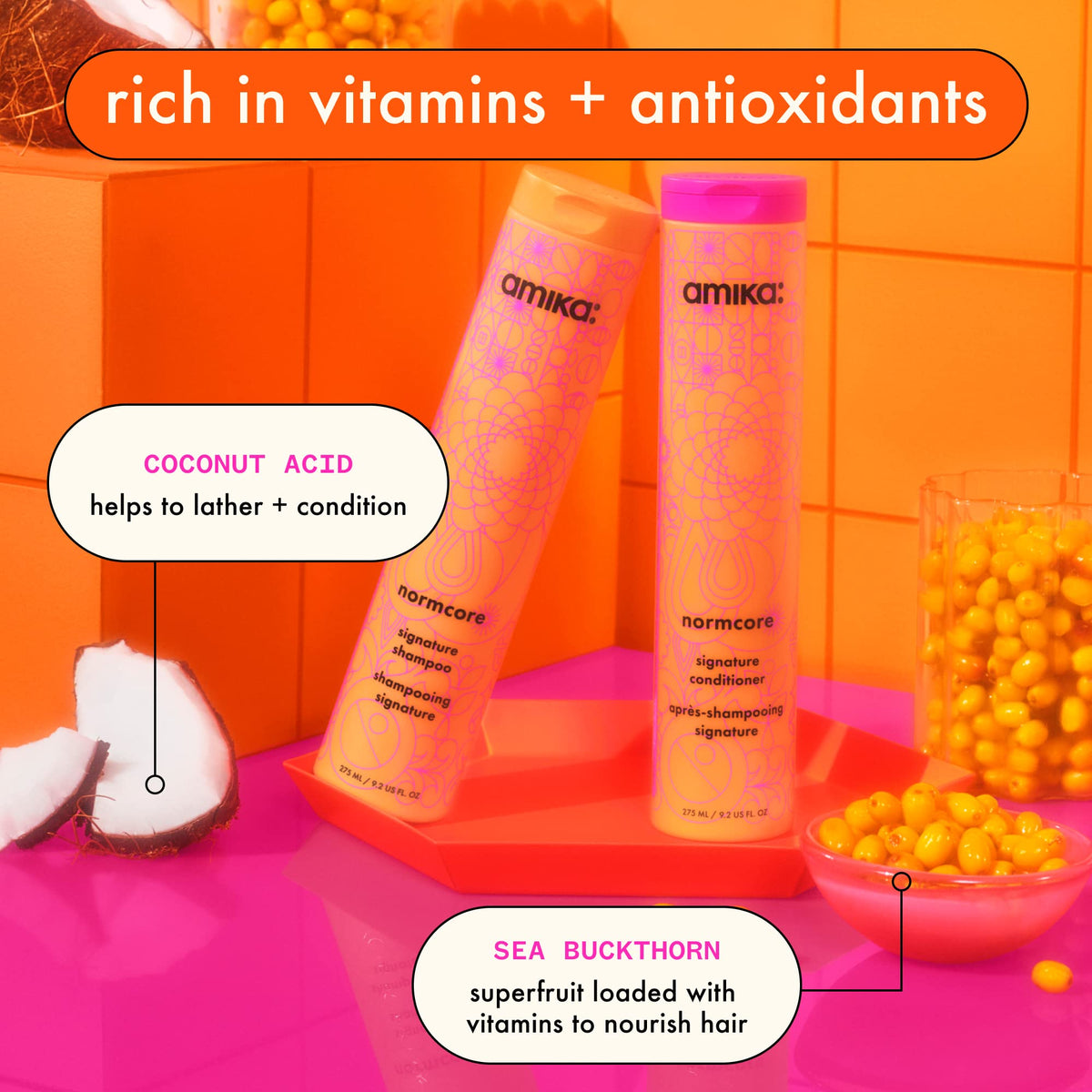 Amika Normcore Signature vitamin rich shampoo packaging and label details
