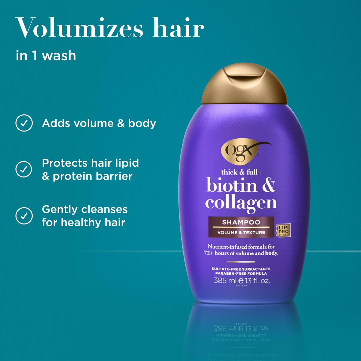 Thickening shampoo for fine hair 13 fluid ounce purple bottle on clean background