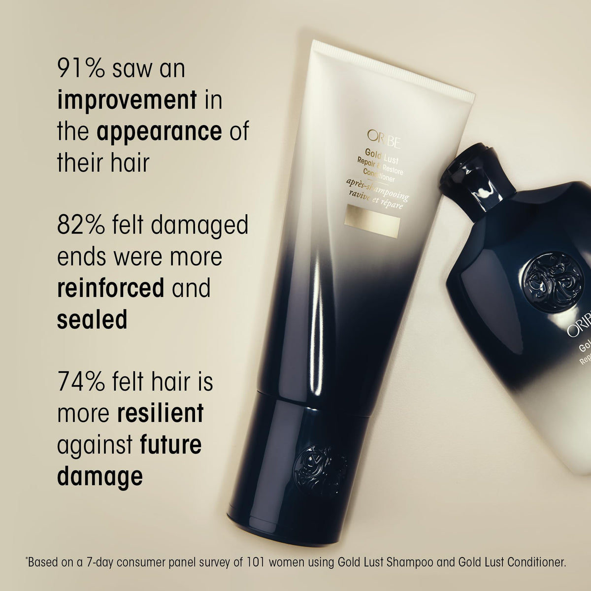 Close up of the textured cap and elegant packaging design of Oribe Gold Lust Repair shampoo.
