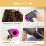 User demonstrating blow dryer comb attachment for curly hair styling