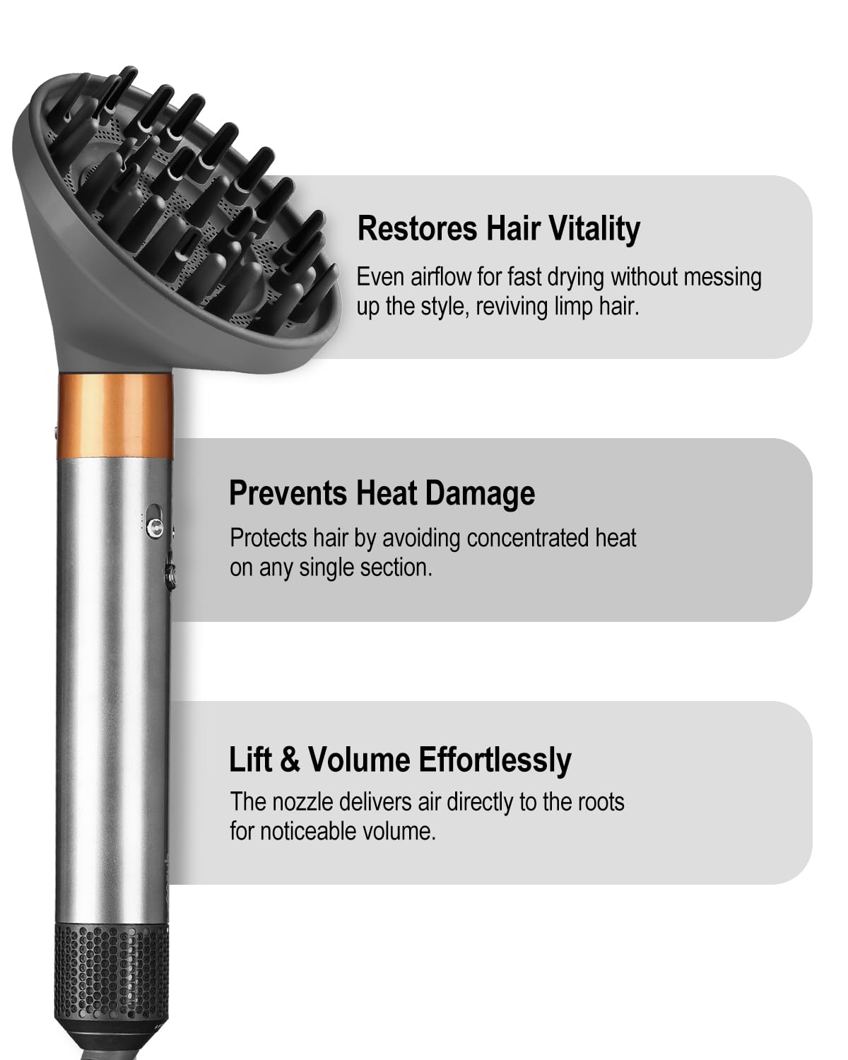 Zephblow diffuser prongs for deep hair penetration