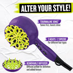 The removable diffuser attachment being detached from the purple ionic tourmaline dryer body