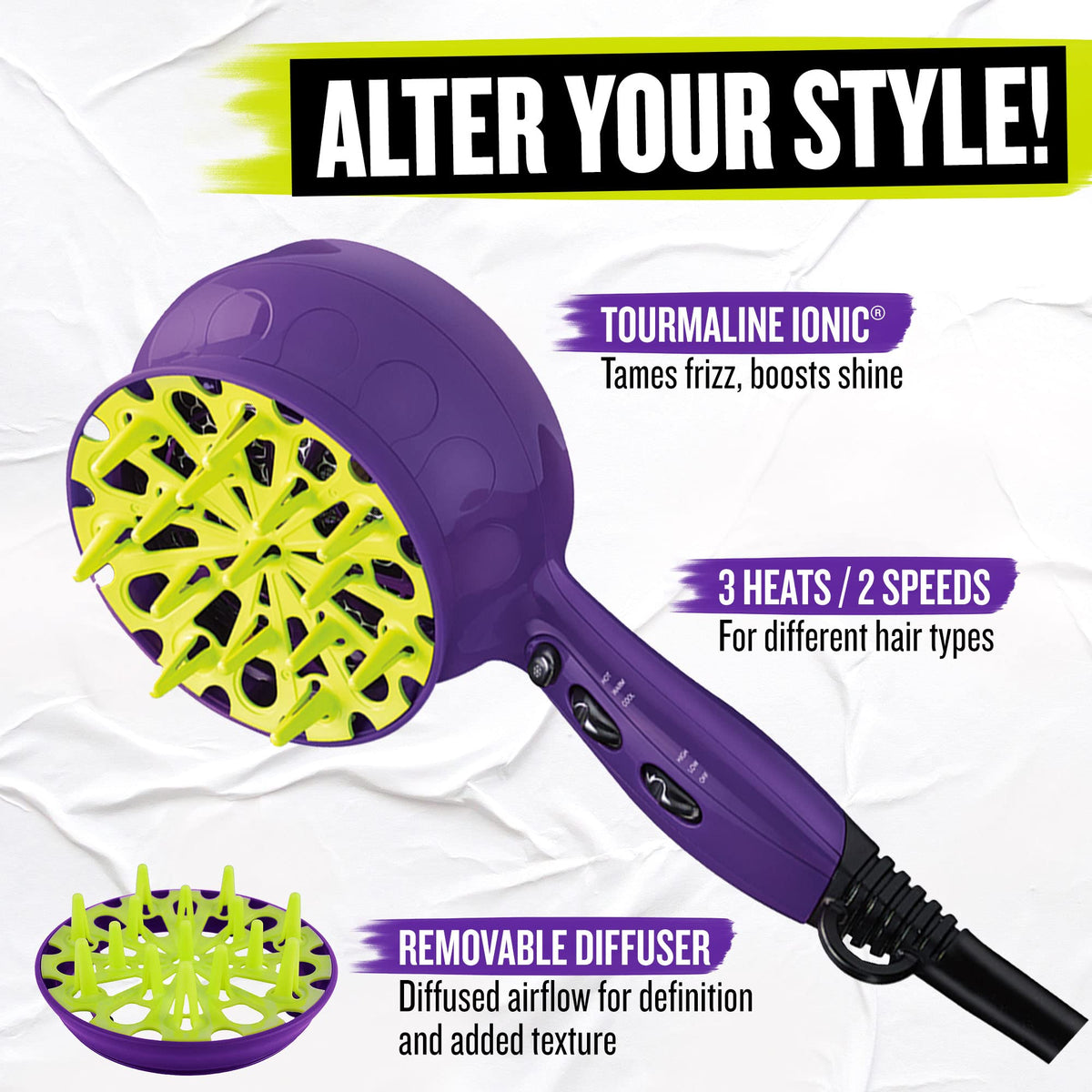 The removable diffuser attachment being detached from the purple ionic tourmaline dryer body