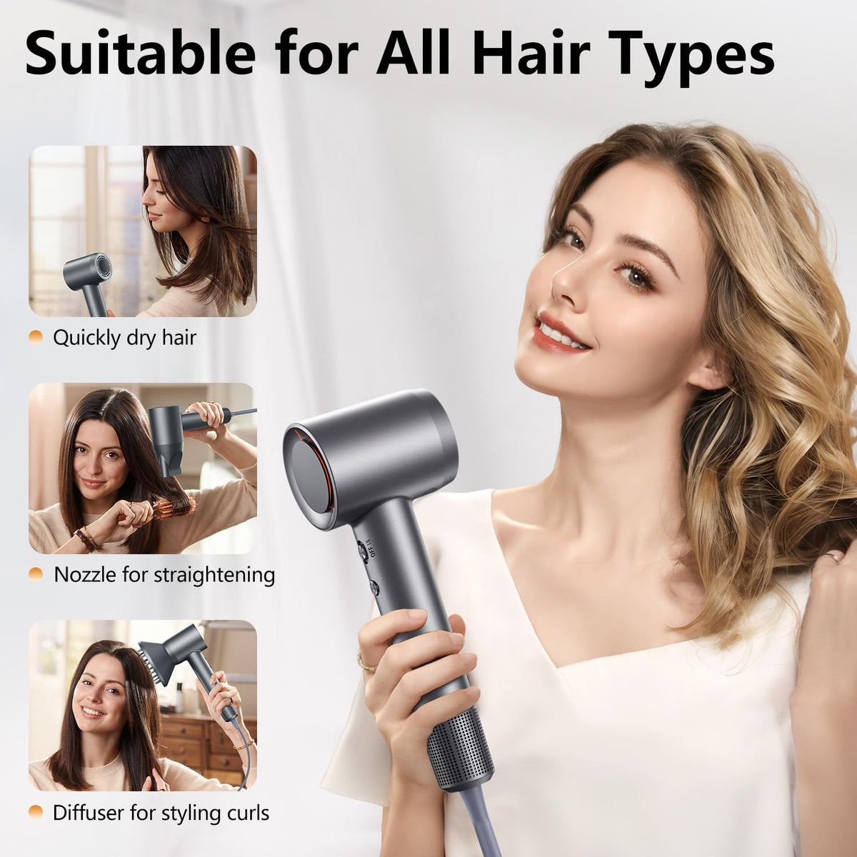Professional hair styling using Alloom fast drying hair dryer