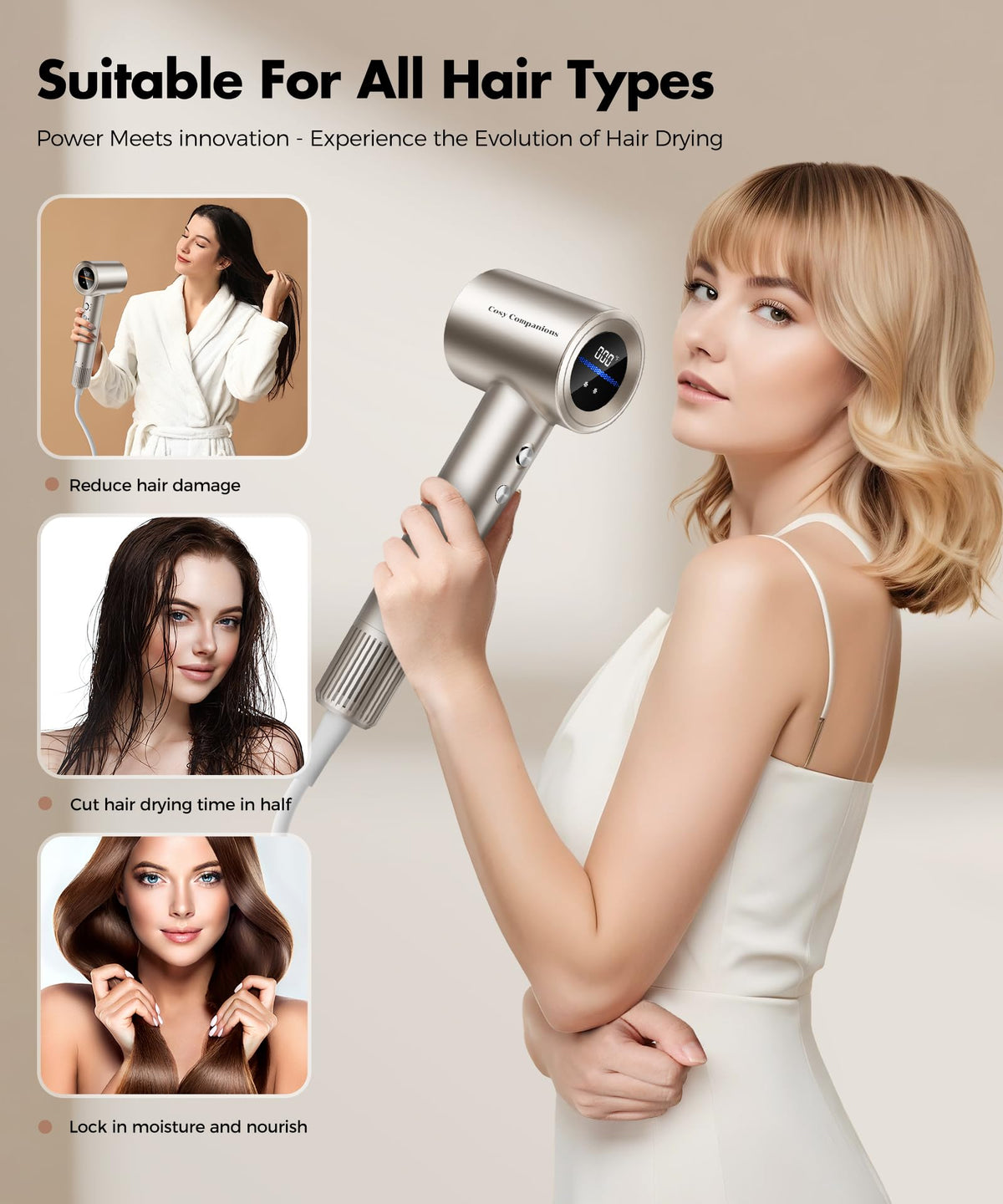 Cosy Companions gold hair dryer with nozzle attachment