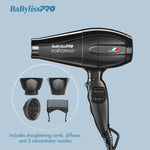 Close-up of the nano titanium grill and professional nozzle attachment on the BaBylissPRO hair dryer.