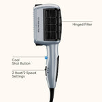 Conair 1875 watt hair dryer with its three styling comb and bristle brush attachments displayed
