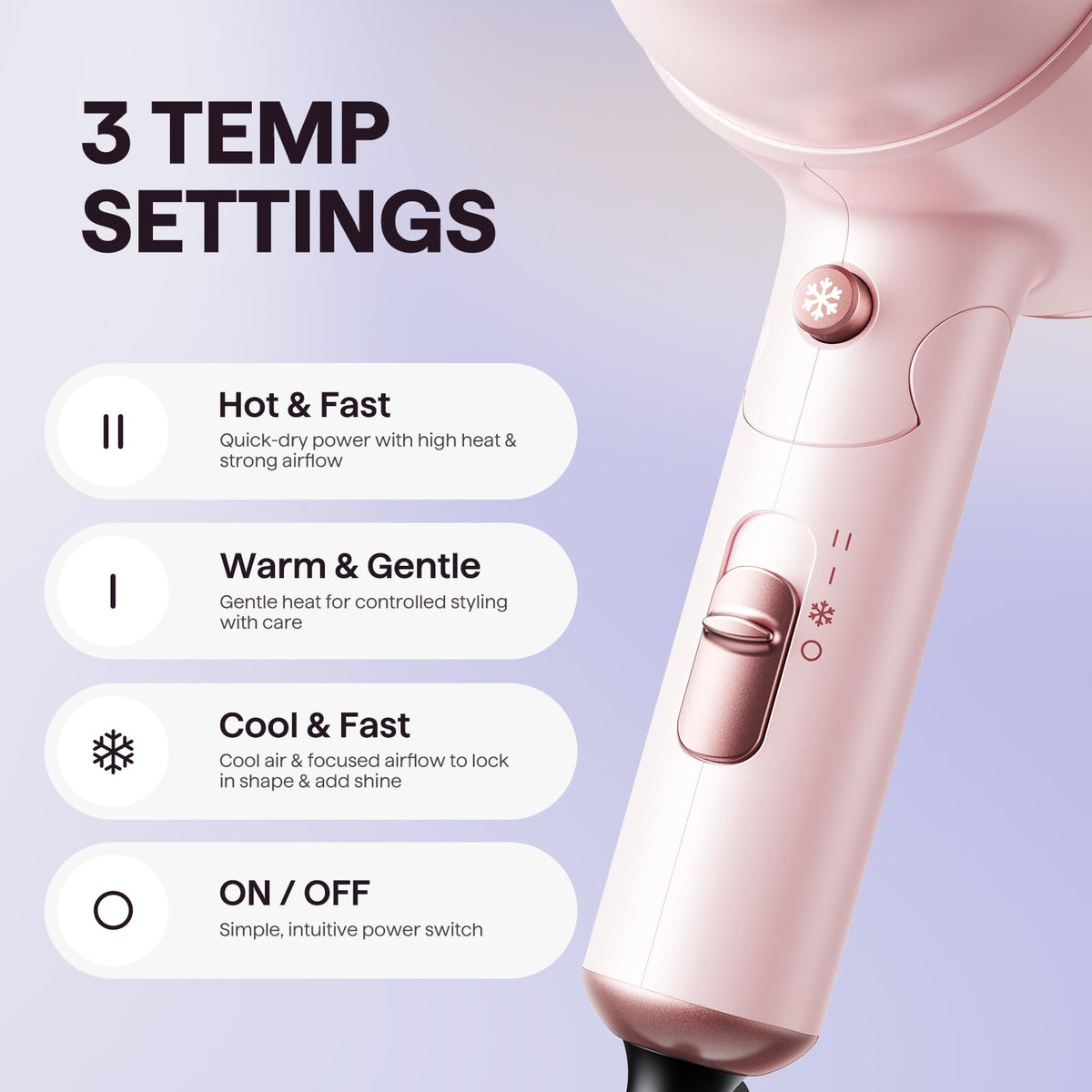 Wavytalk folding hair dryer standing upright on a vanity table showcasing its elegant pink and white dual-tone finish.