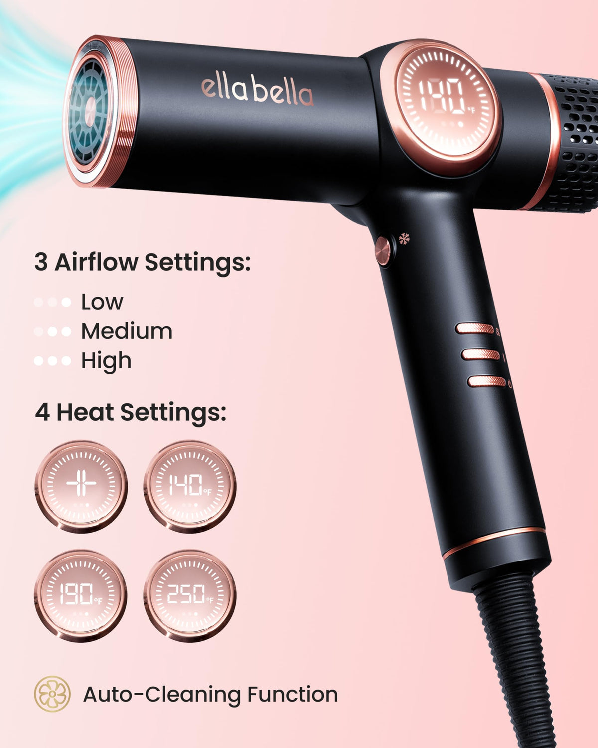 Ella Bella high speed brushless motor hair dryer showing air speed controls