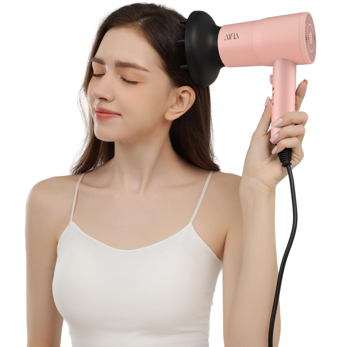 Side view of AINA professional salon hair dryer showing control buttons